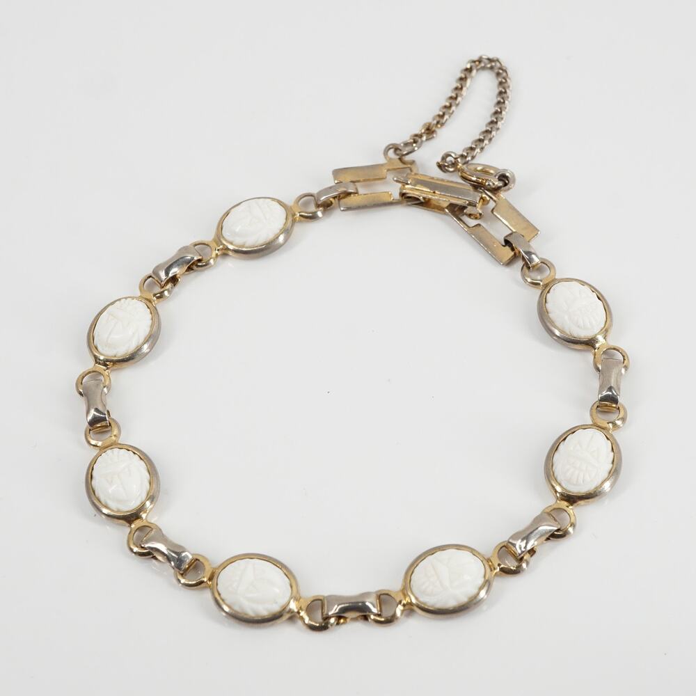 Vintage Egyptian Revival Scarab Carved Motif Oval Bezel Bracelet White 7.5